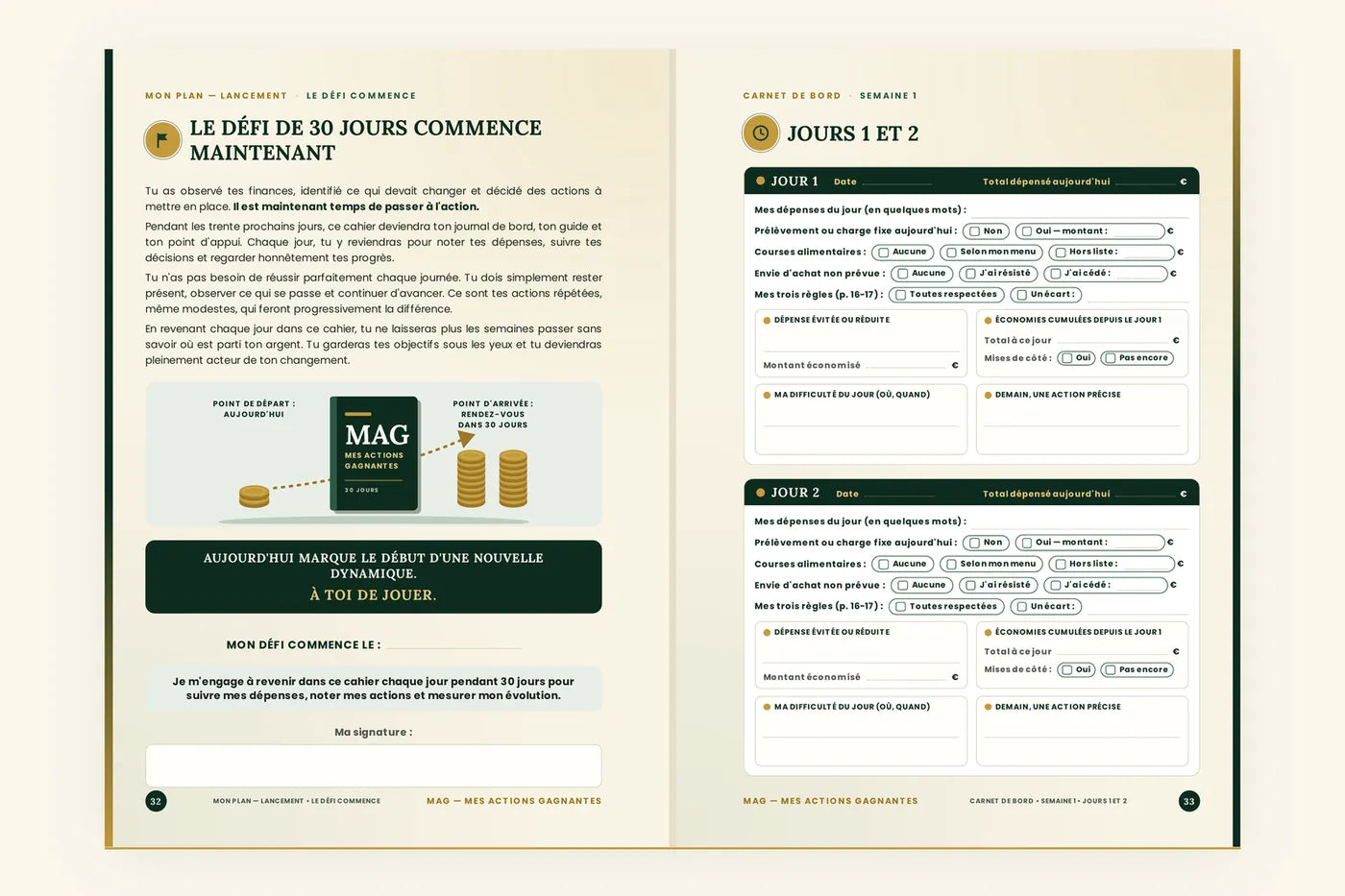 Les deux pages « Le défi de 30 jours commence » et « Jours 1 et 2 » du cahier MAG, vierges